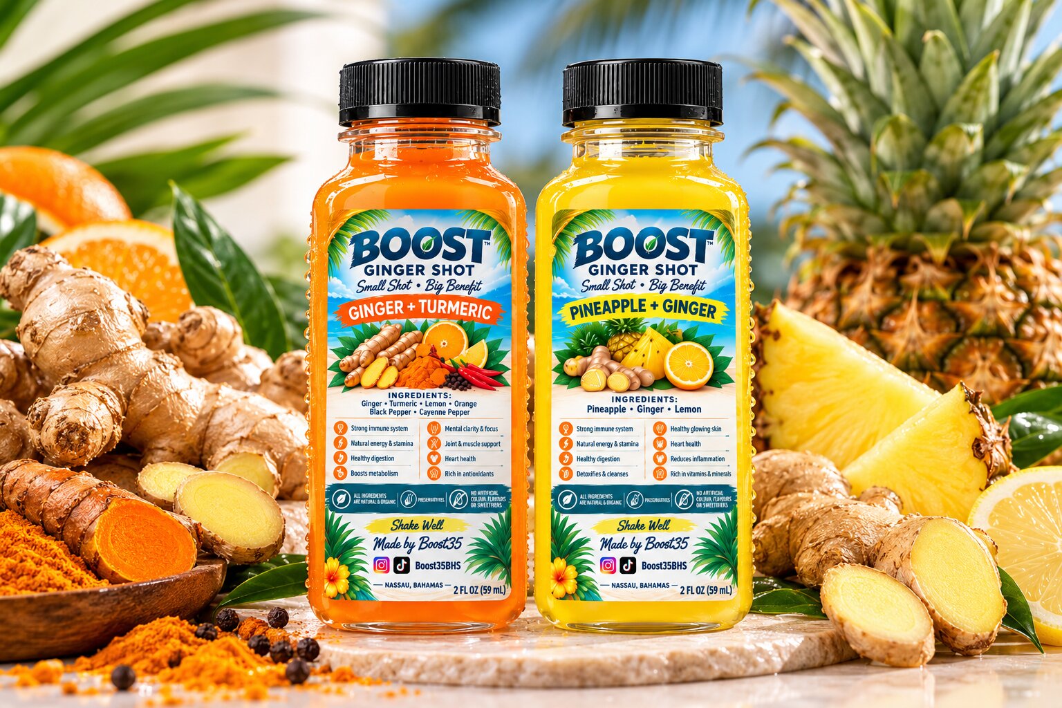 BOOST Ginger & Turmeric and Pineapple & Ginger shots with fresh ginger, turmeric and pineapple